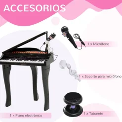 Piano infantil Mozart Homcom taburete + micrófono + 22 canciones negro 69x48x39 cm