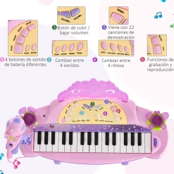 Piano infantil Star Homcom asiento + micrófono rosa 55x45x21 cm
