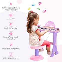 Piano infantil Star Homcom asiento + micrófono rosa 55x45x21 cm