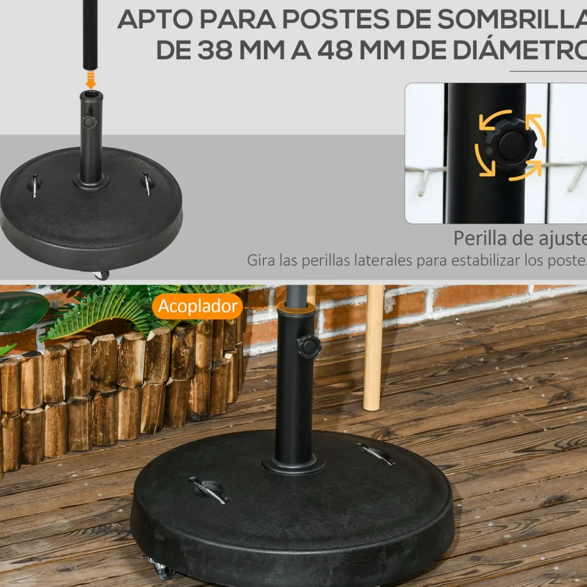Pie de sombrilla Outsunny con ruedas y asa retractil Ø53x41 cm