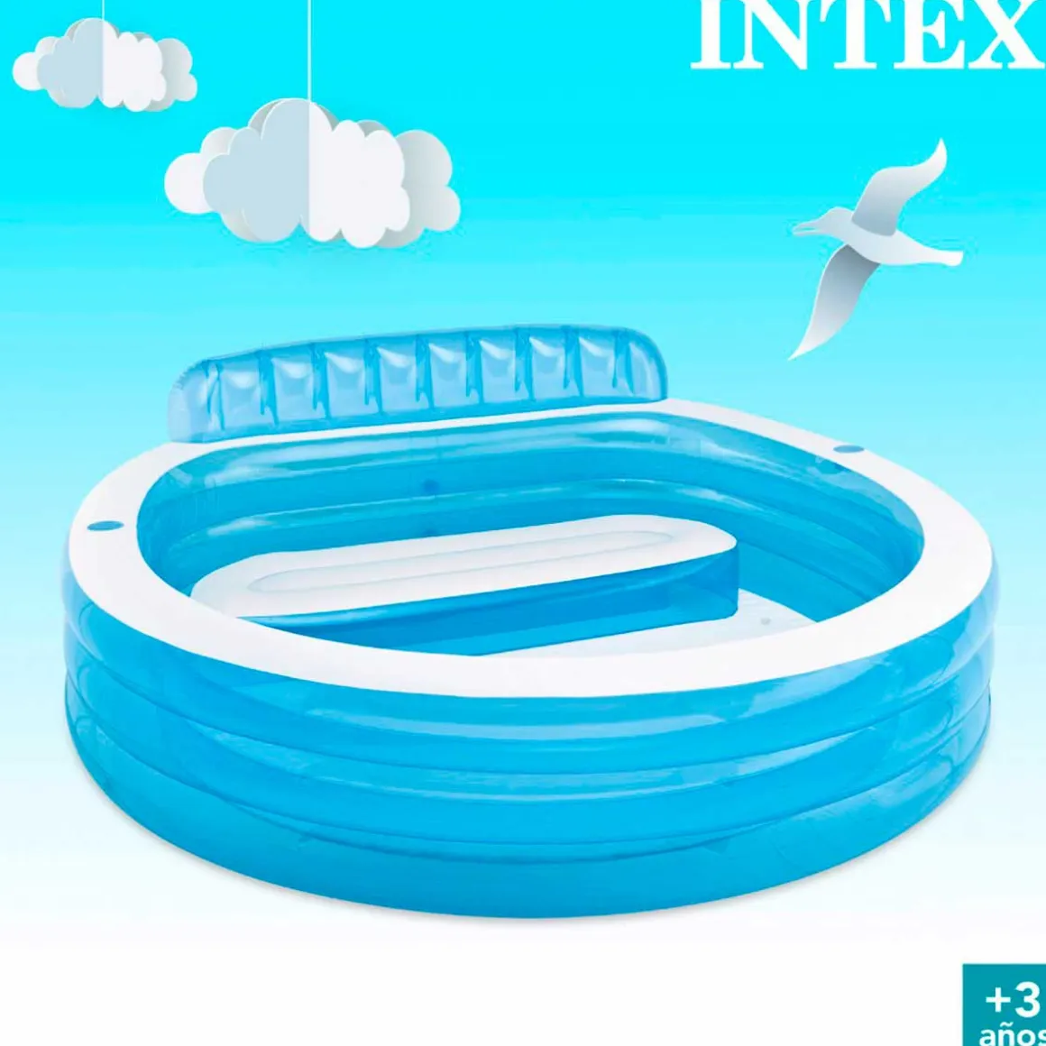Piscina hinchable Intex con sillón redonda 590L +3A blanco/azul 135x191x229 cm