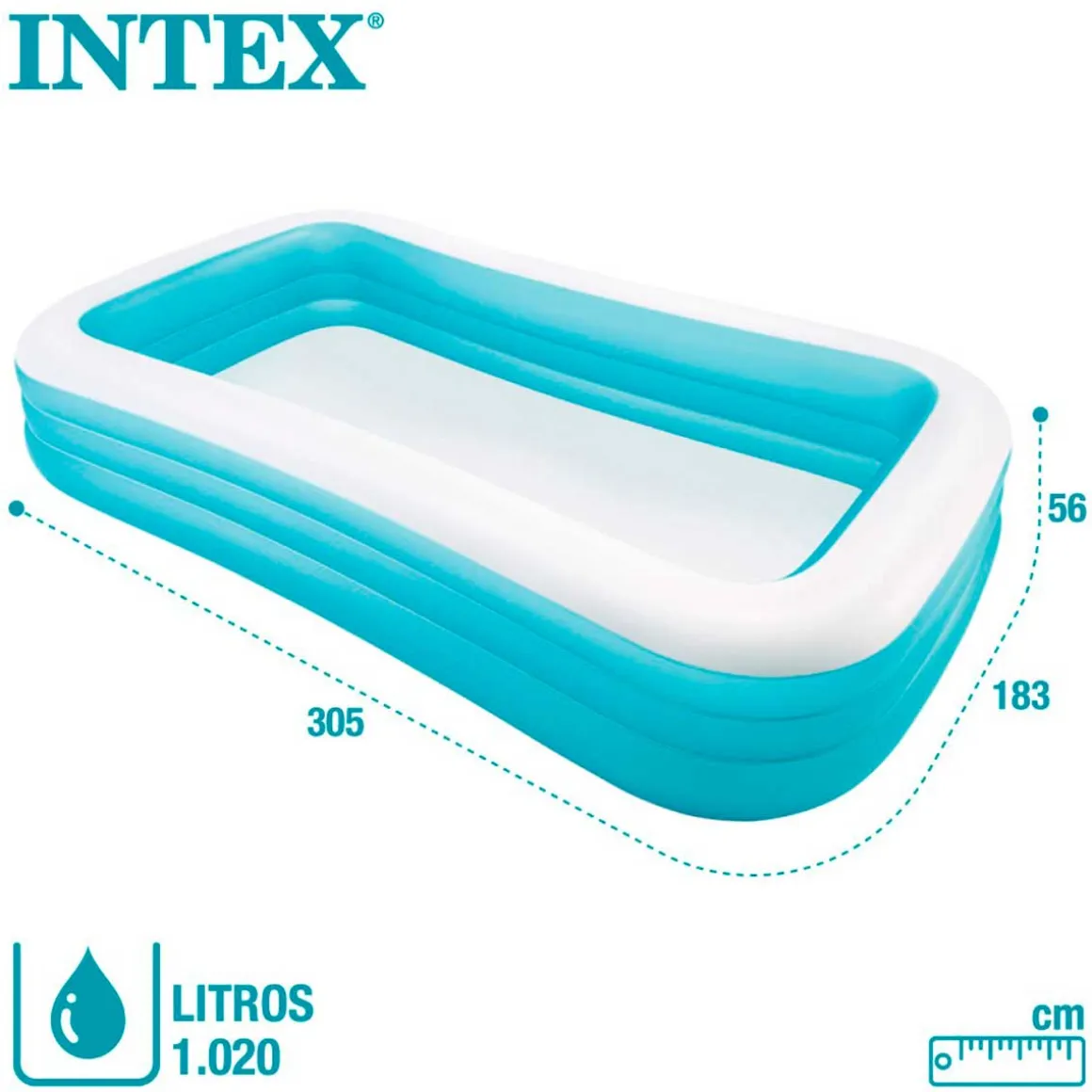 Piscina hinchable Intex rectangular 1020L +6A blanco/azul 56x183x305 cm