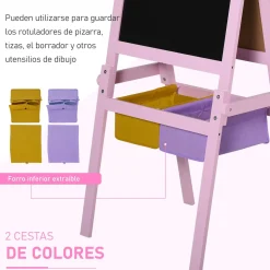 Pizarra infantil Homcom 3 en 1 + cestas rosa 118x58,5x50,5 cm