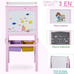 Pizarra infantil Homcom 3 en 1 + cestas rosa 118x58,5x50,5 cm