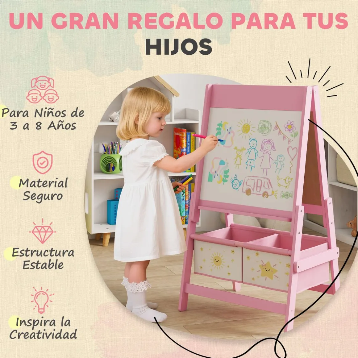 Pizarra infantil Solere Aiyaplay 3 en 1 con cestas 3-8 años 94x54x46 cm