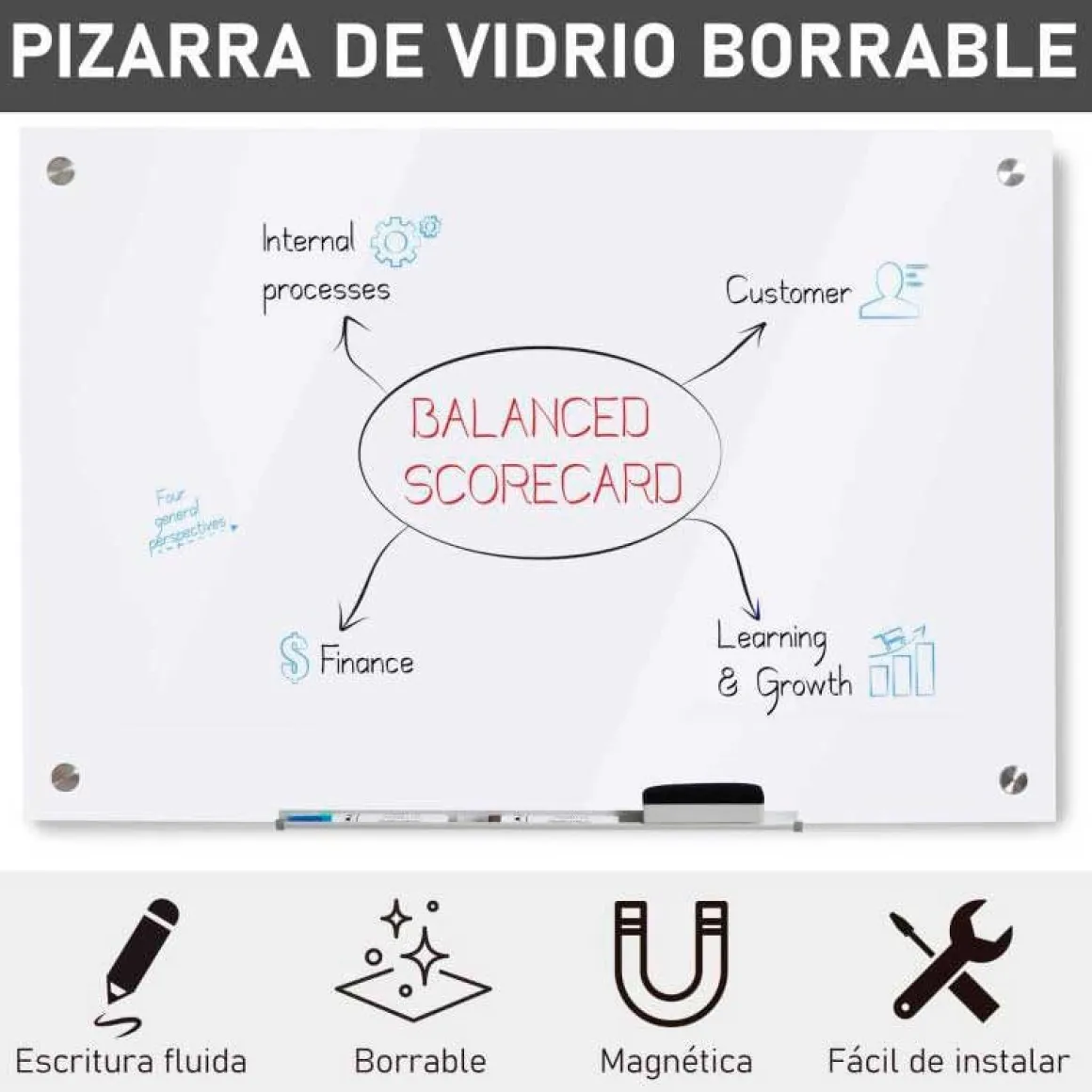 Pizarra magnética Vinsetto con 4 rotuladores+borrador blanco 60x90x0,45 cm