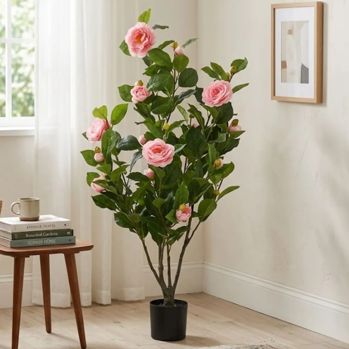 Planta artificial Camelia con macetero verde/rosa 110 cm