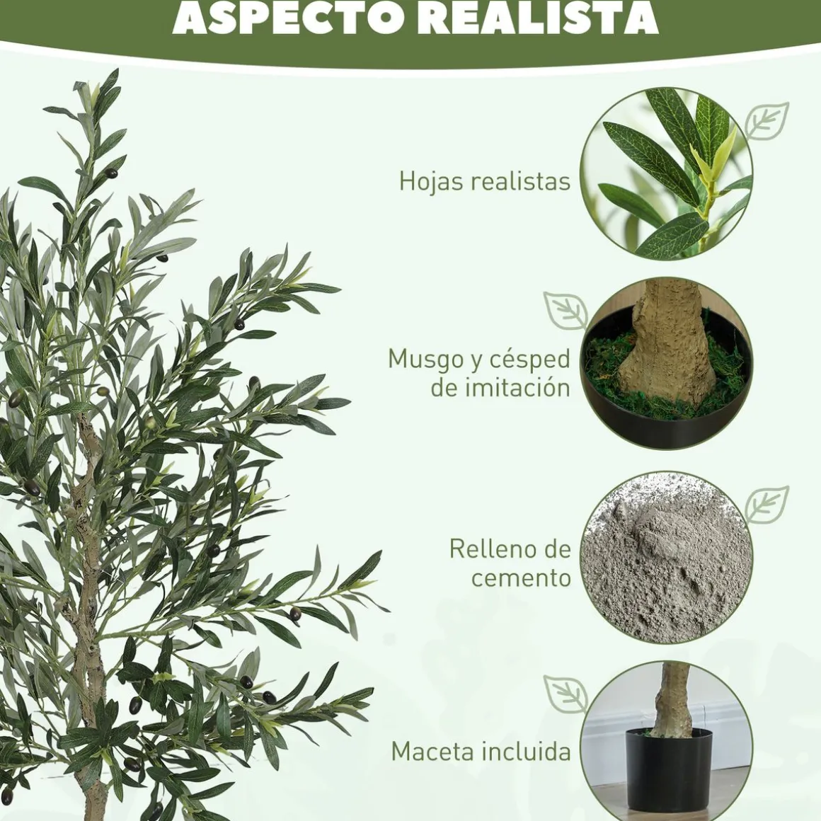 Planta artificial Olivo Homcom 720 hojas + 40 aceitunas verde 180 cm