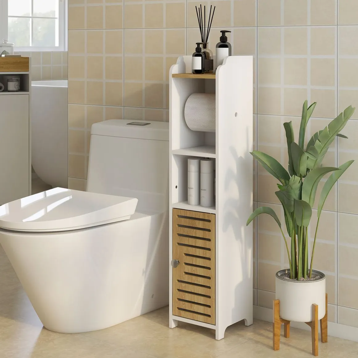Portarrollos Perla Kleankin estante + armario blanco/roble 90x18x20 cm