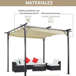 Pérgola de jardín Outsunny techo retráctil crema 3x3m