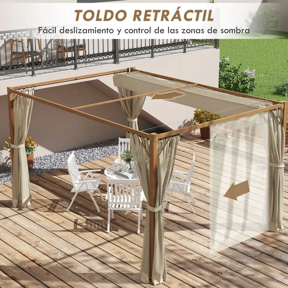 Pérgola Nancy Outsunny retráctil + mosquiteras natural 225x397x297 cm