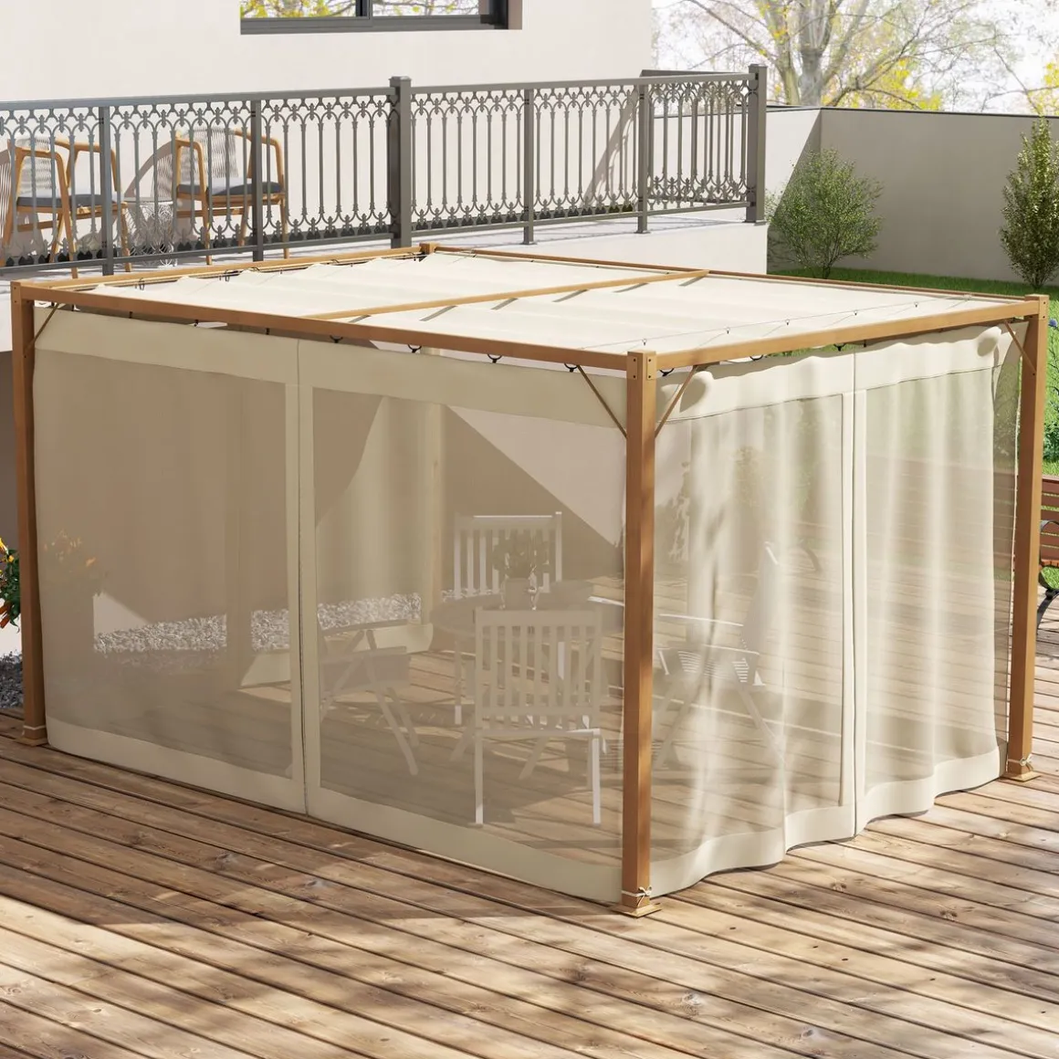 Pérgola Nancy Outsunny retráctil + mosquiteras natural 225x397x297 cm