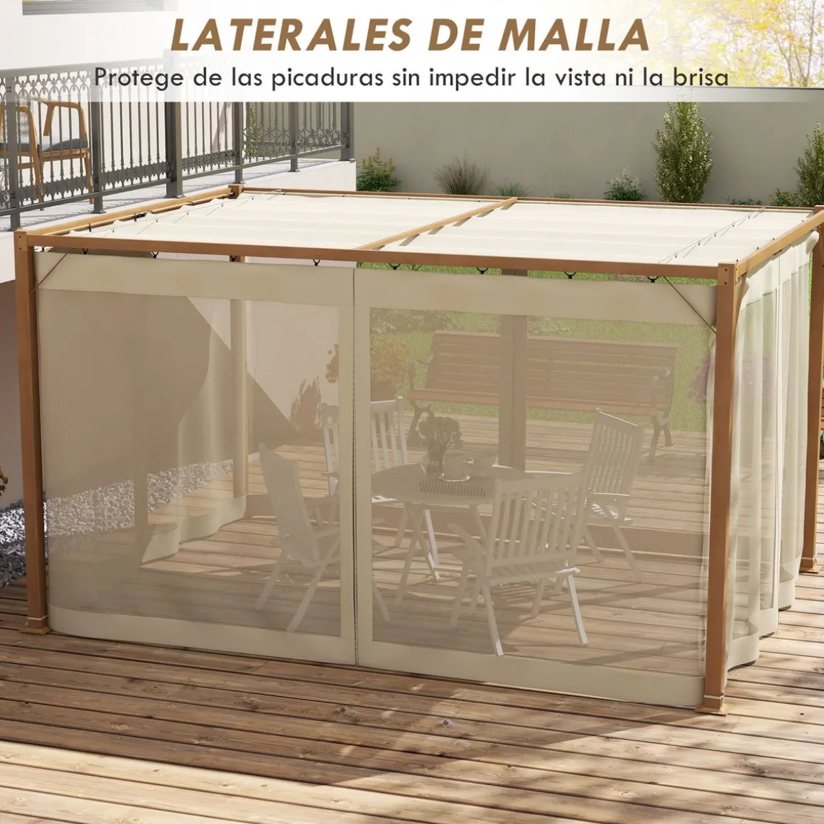 Pérgola Nancy Outsunny retráctil + mosquiteras natural 225x397x297 cm