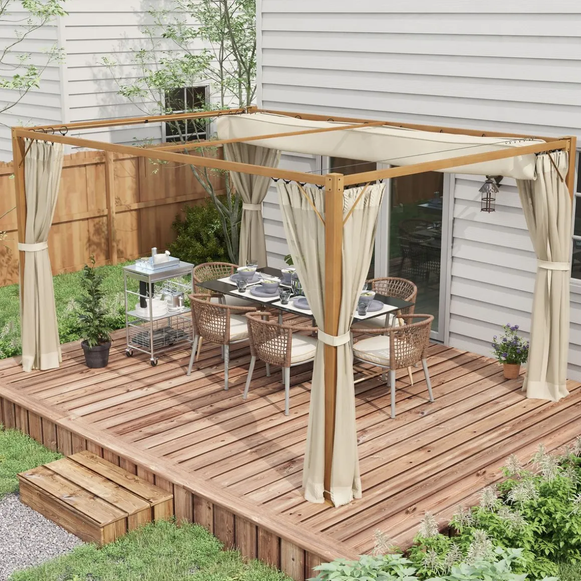 Pérgola Nancy Outsunny retráctil + mosquiteras natural 225x397x297 cm