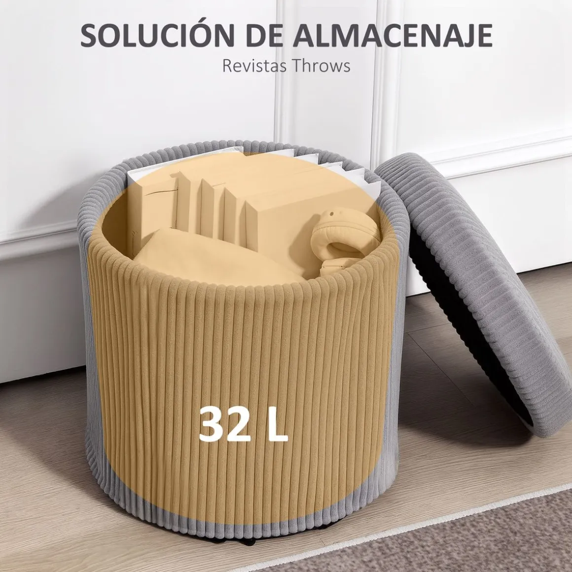 Puff de almacenaje Alicia Homcom con tapa acolchado Ø40x41 cm