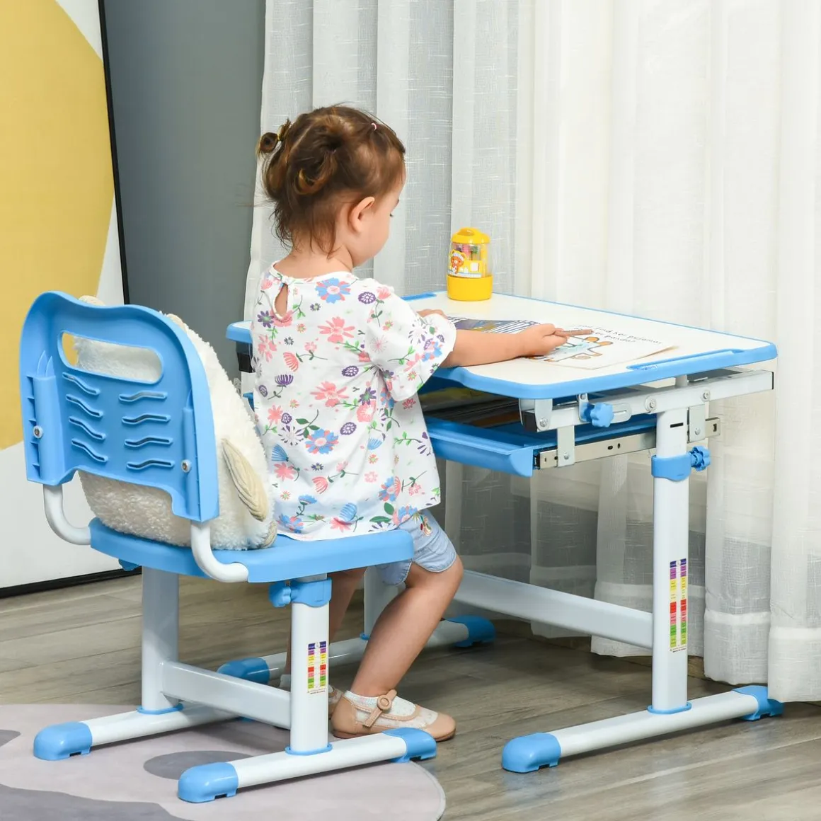 Pupitre infantil School Homcom 2 en 1 +6A altura ajustable azul 77x66x47 cm