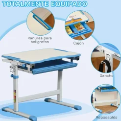 Pupitre infantil School Homcom 2 en 1 +6A altura ajustable azul 77x66x47 cm