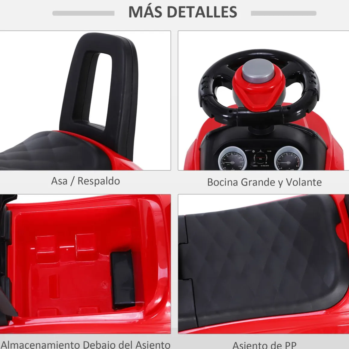 Quad correpasillos Homcom con bocina + almacenamiento +1A rojo 41,5x62x28 cm