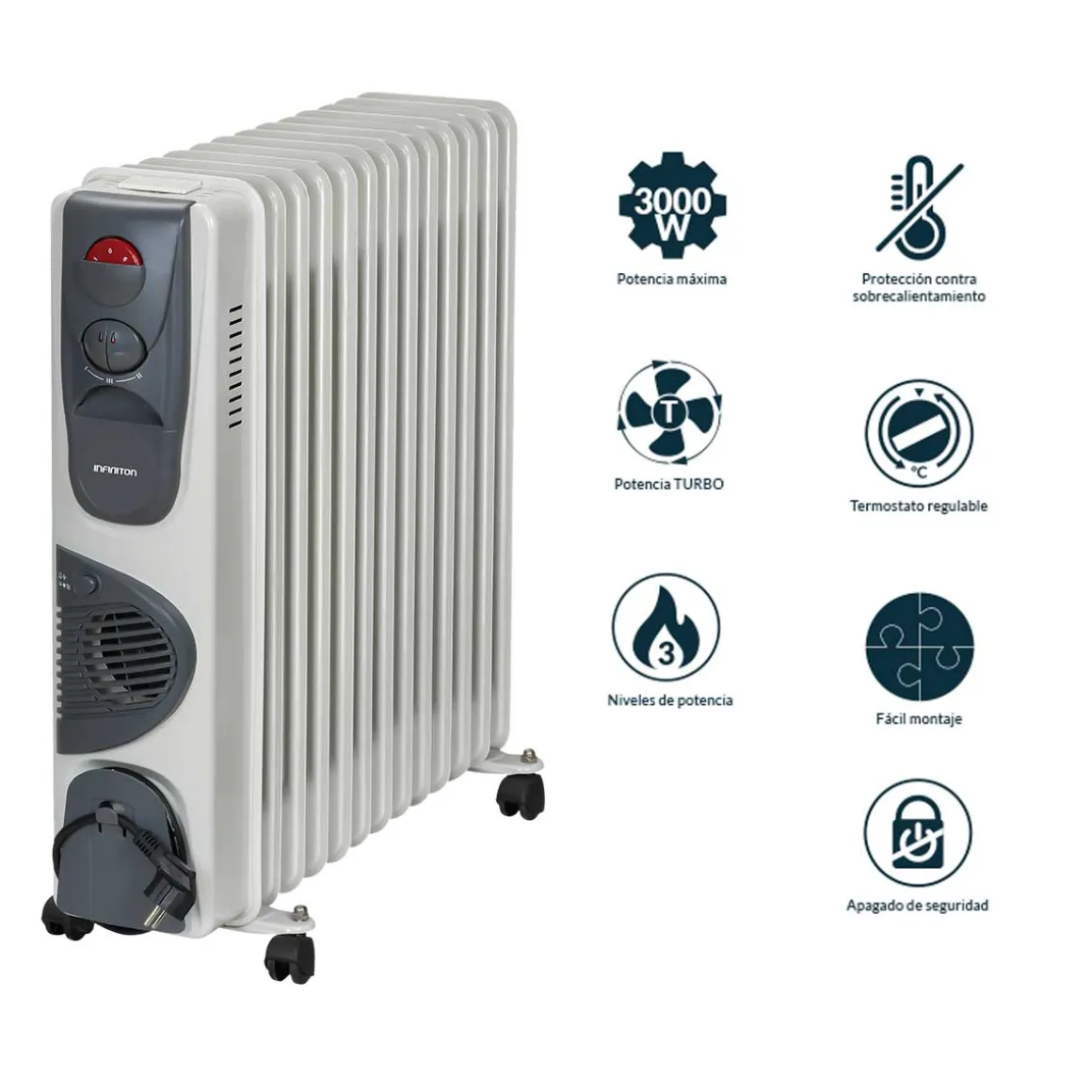 Radiador de aceite Infiniton HOT-300T 3000W 3 niveles de potencia blanco