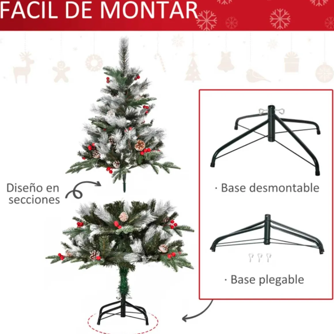 Árbol de Navidad artificial Homcom 266 ramas 27 piñas 27 bayas verde 120 cm
