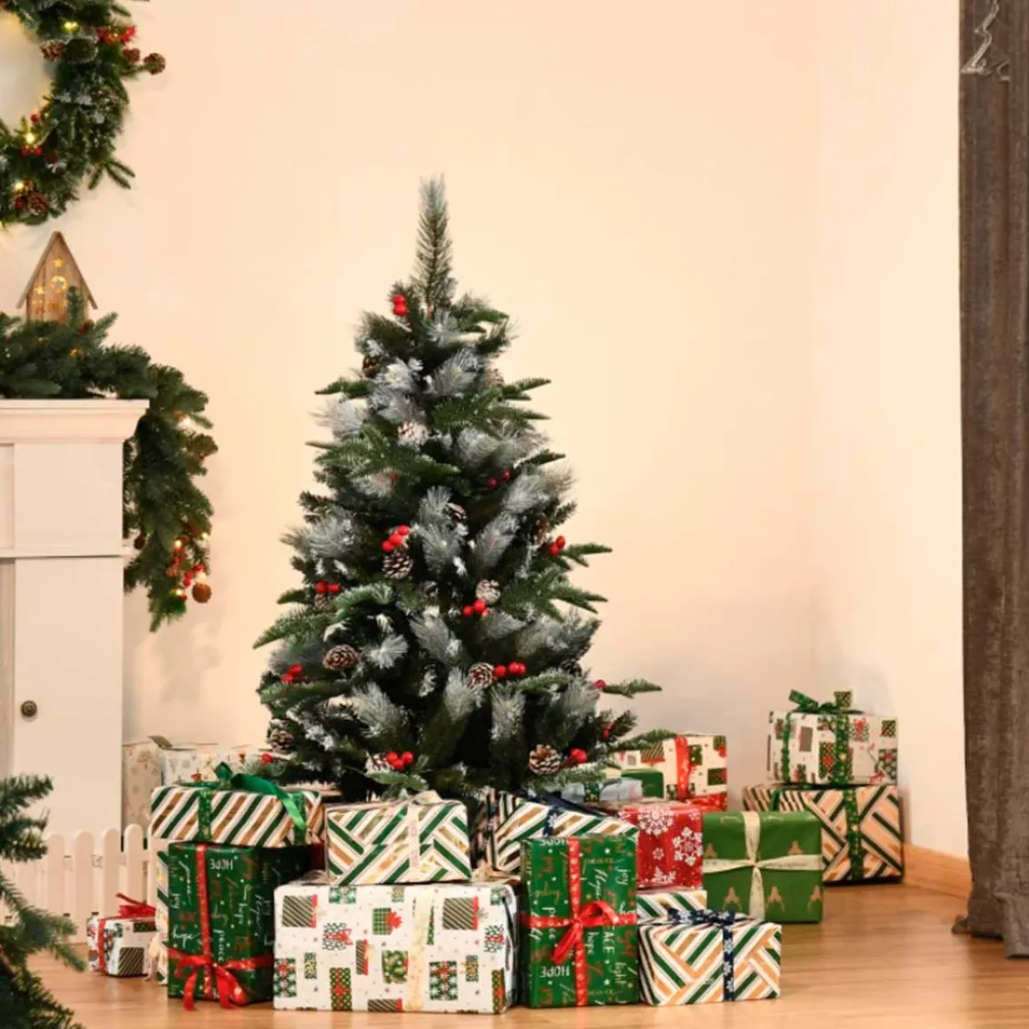 Árbol de Navidad artificial Homcom 266 ramas 27 piñas 27 bayas verde 120 cm