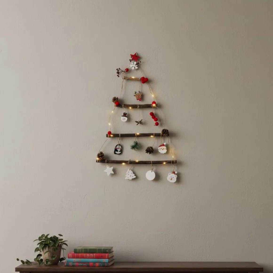 Árbol de navidad de pared con luces LED madera 67 cm
