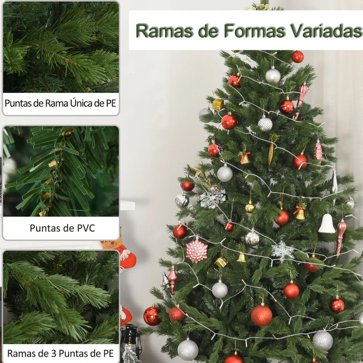 Árbol de Navidad Homcom 440 ramas base plegable verde Ø75x150 cm