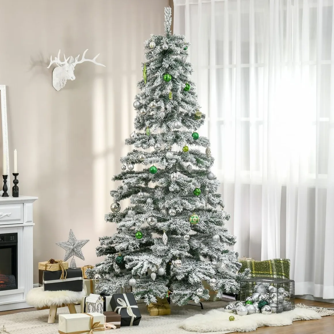 Árbol de Navidad Homcom 1083 ramas efecto nevado verde/blanco Ø140x225 cm
