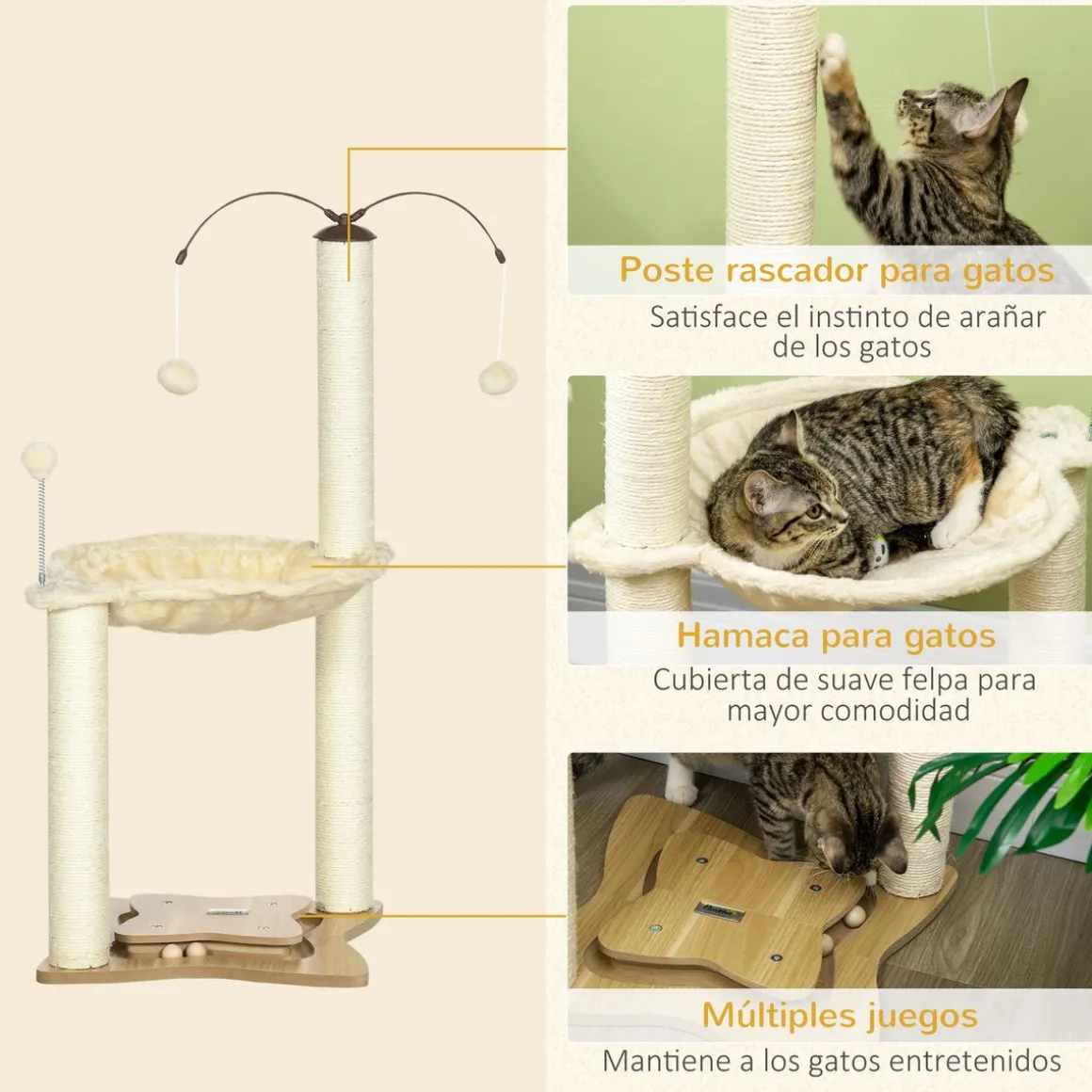 Árbol rascador Abispa PawHut con bolas + hamaca beige 90x53,5x53,5 cm