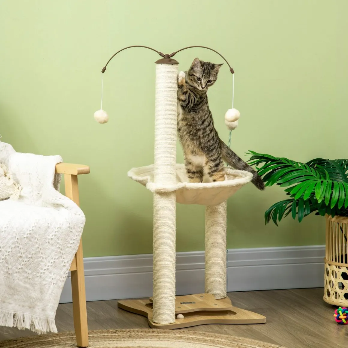 Árbol rascador Abispa PawHut con bolas + hamaca beige 90x53,5x53,5 cm