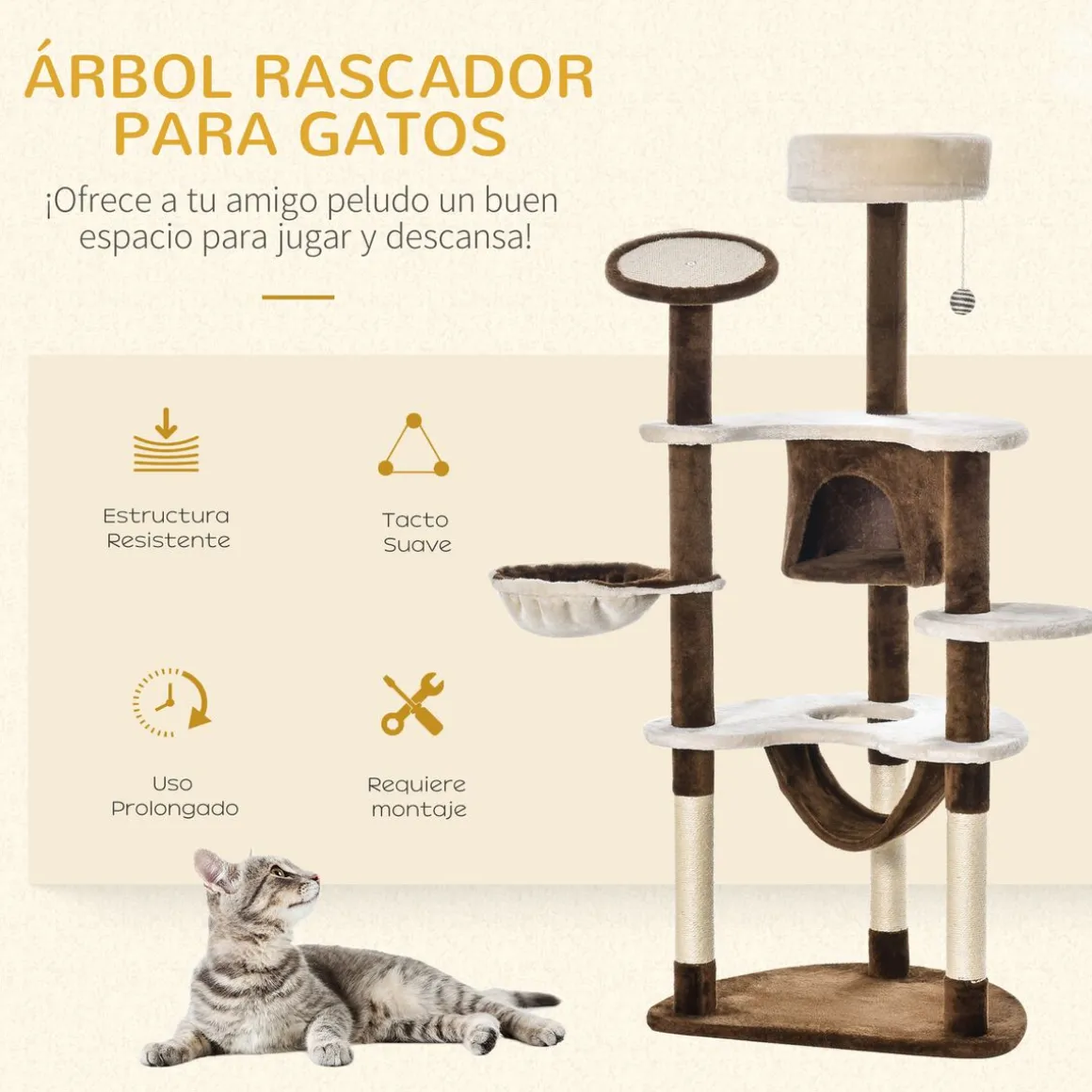 Árbol rascador Aracna PawHut 2 hamacas + cueva + rascador + bola + 3 plataformas 153x6450 cm