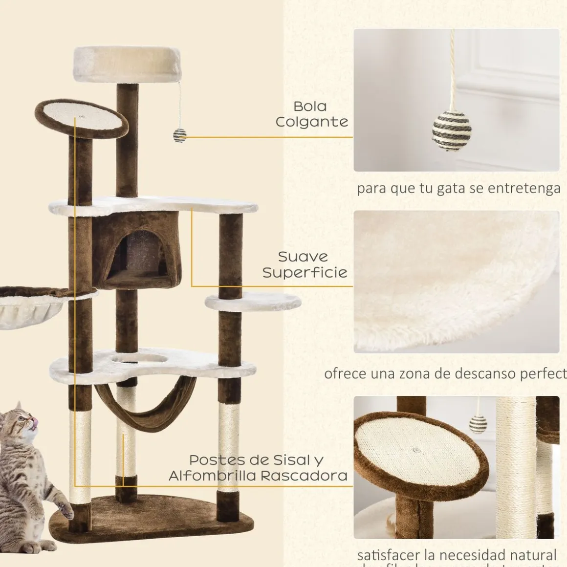 Árbol rascador Aracna PawHut 2 hamacas + cueva + rascador + bola + 3 plataformas 153x6450 cm