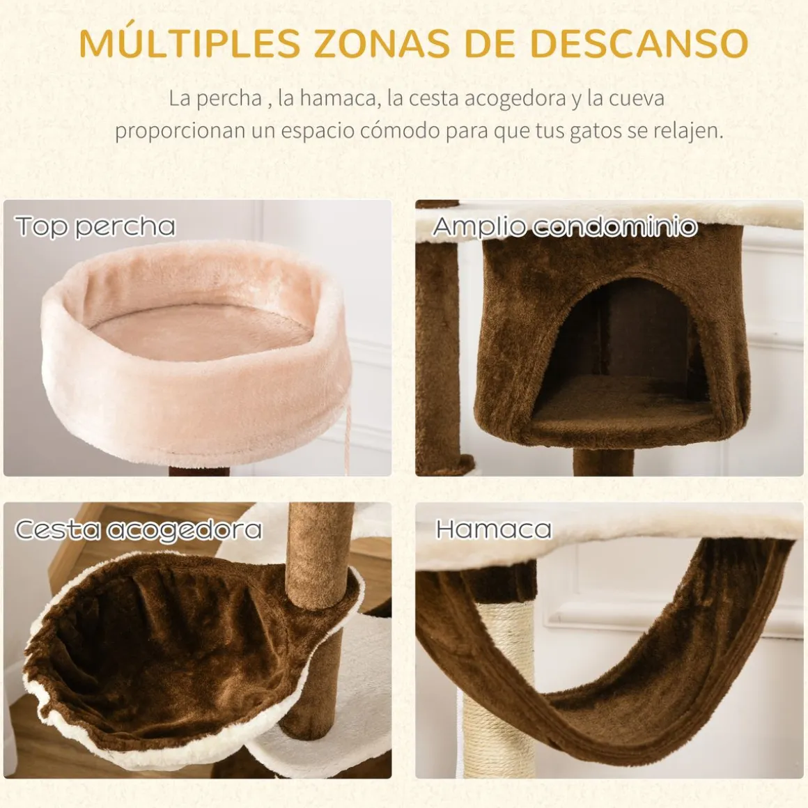 Árbol rascador Aracna PawHut 2 hamacas + cueva + rascador + bola + 3 plataformas 153x6450 cm