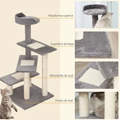 Árbol rascador de gatos PawHut 3 plataformas gris/beige 100x48,5x48,5 cm