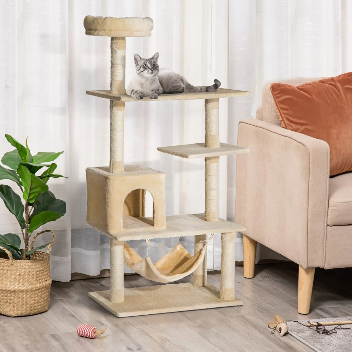 Árbol rascador Iguana PawHut hamaca + plataformas + cueva + bola beige 152x70x40 cm