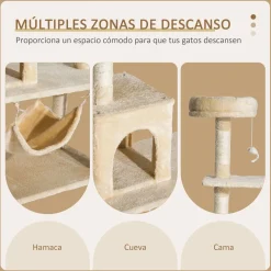 Árbol rascador Iguana PawHut hamaca + plataformas + cueva + bola beige 152x70x40 cm