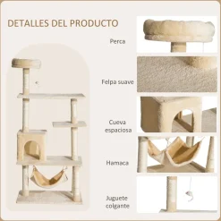 Árbol rascador Iguana PawHut hamaca + plataformas + cueva + bola beige 152x70x40 cm