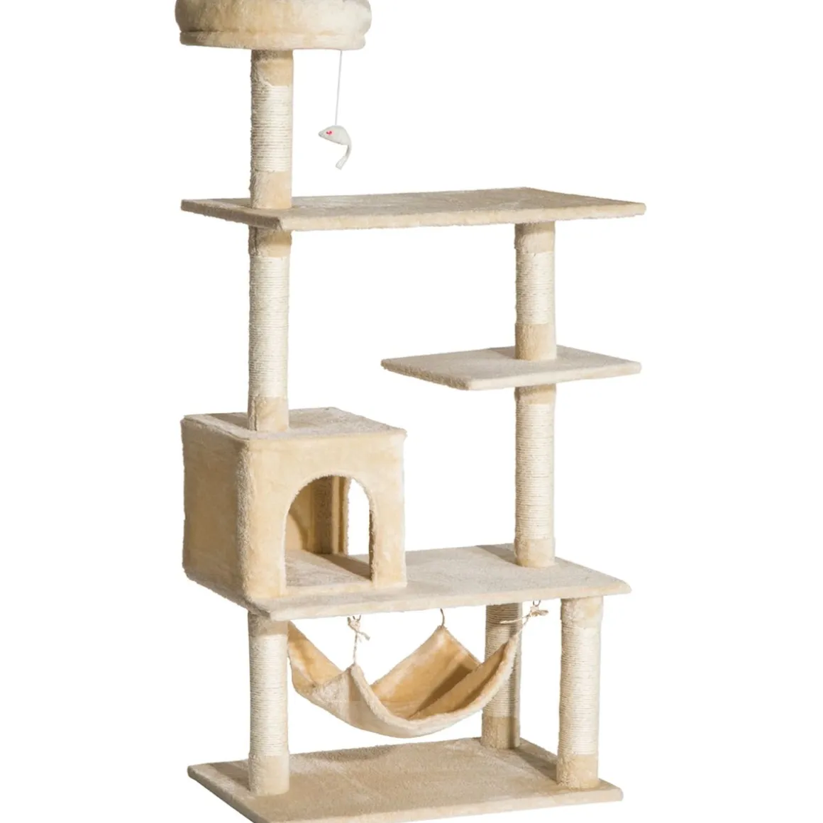 Árbol rascador Iguana PawHut hamaca + plataformas + cueva + bola beige 152x70x40 cm