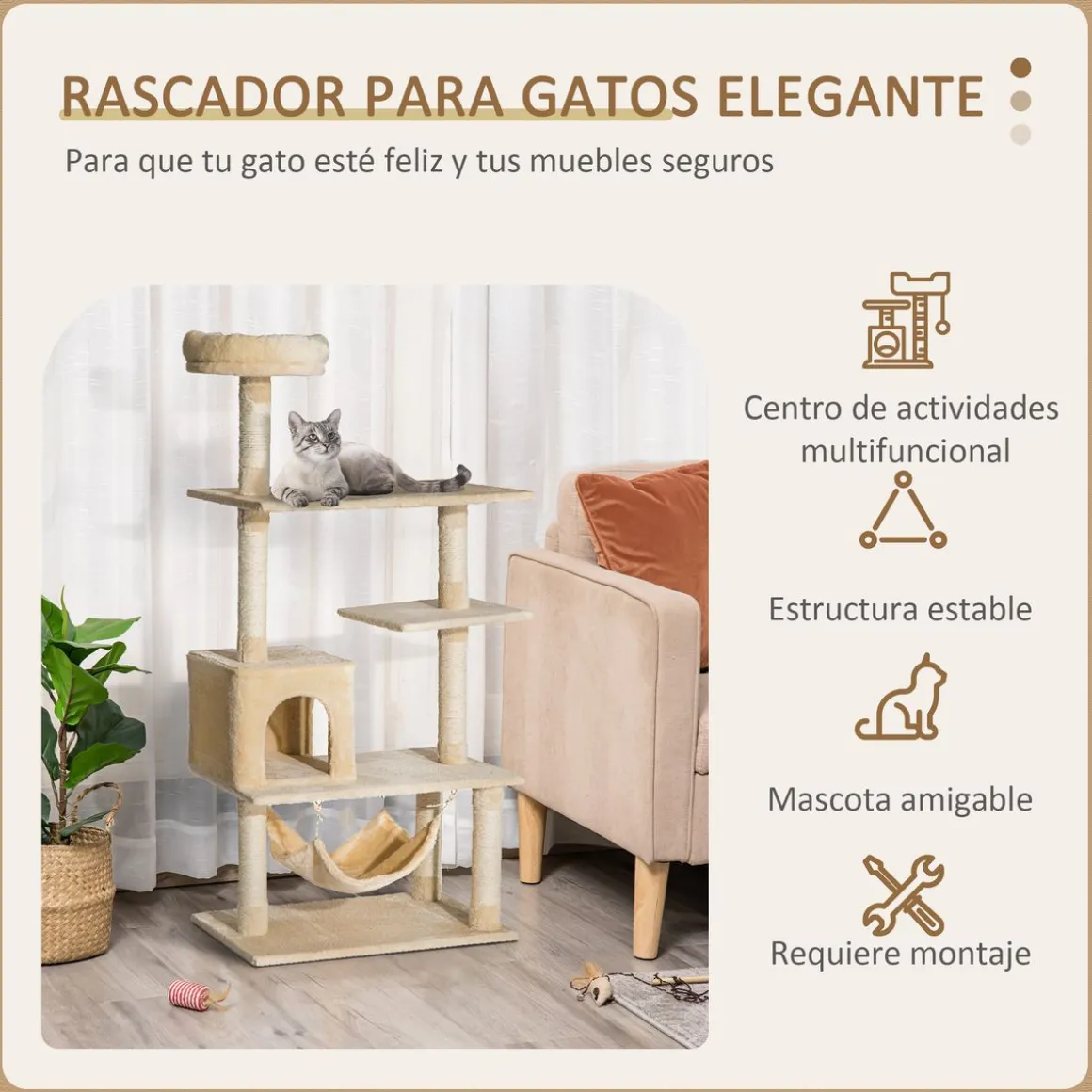 Árbol rascador Iguana PawHut hamaca + plataformas + cueva + bola beige 152x70x40 cm