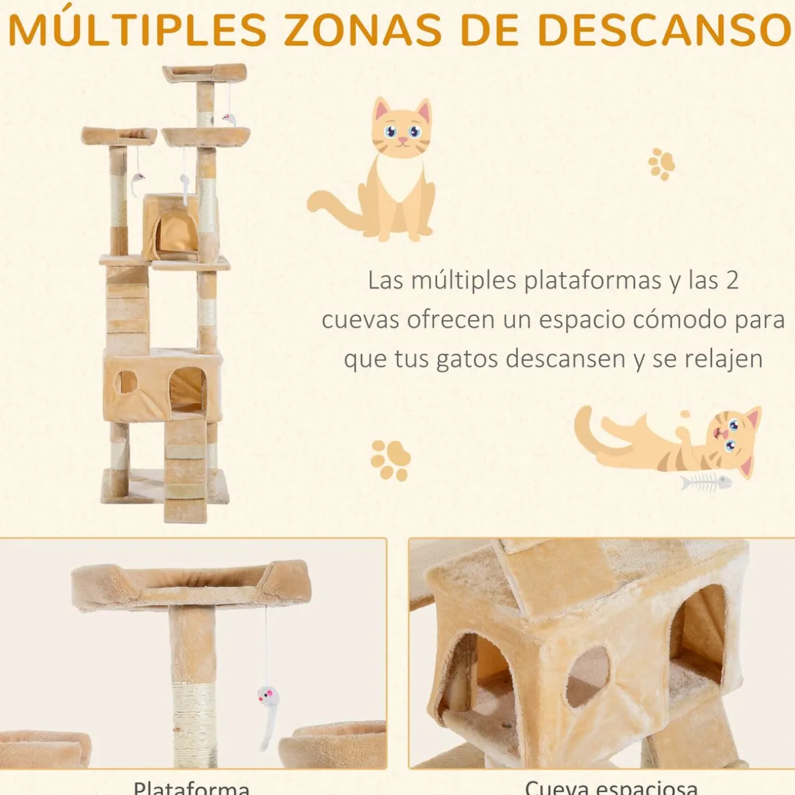 Árbol rascador Mieles PawHut para gatos grandes beige 173x49x49 cm
