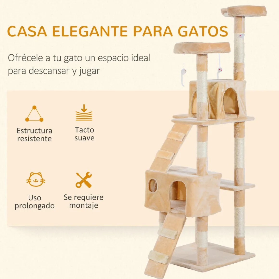 Árbol rascador Mieles PawHut para gatos grandes beige 173x49x49 cm