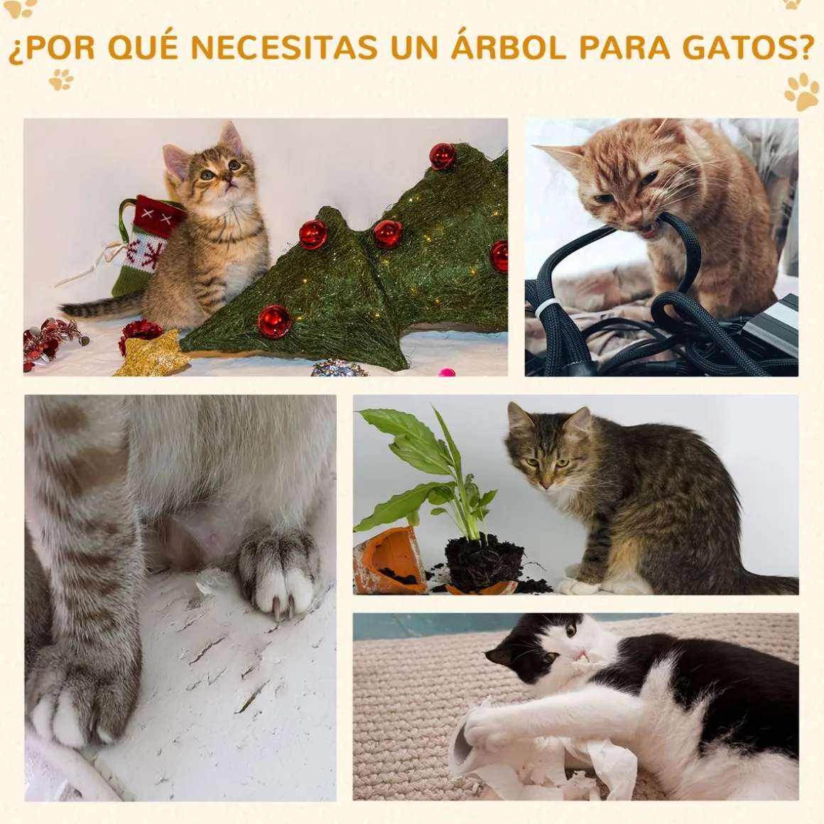 Árbol rascador Mieles PawHut para gatos grandes beige 173x49x49 cm