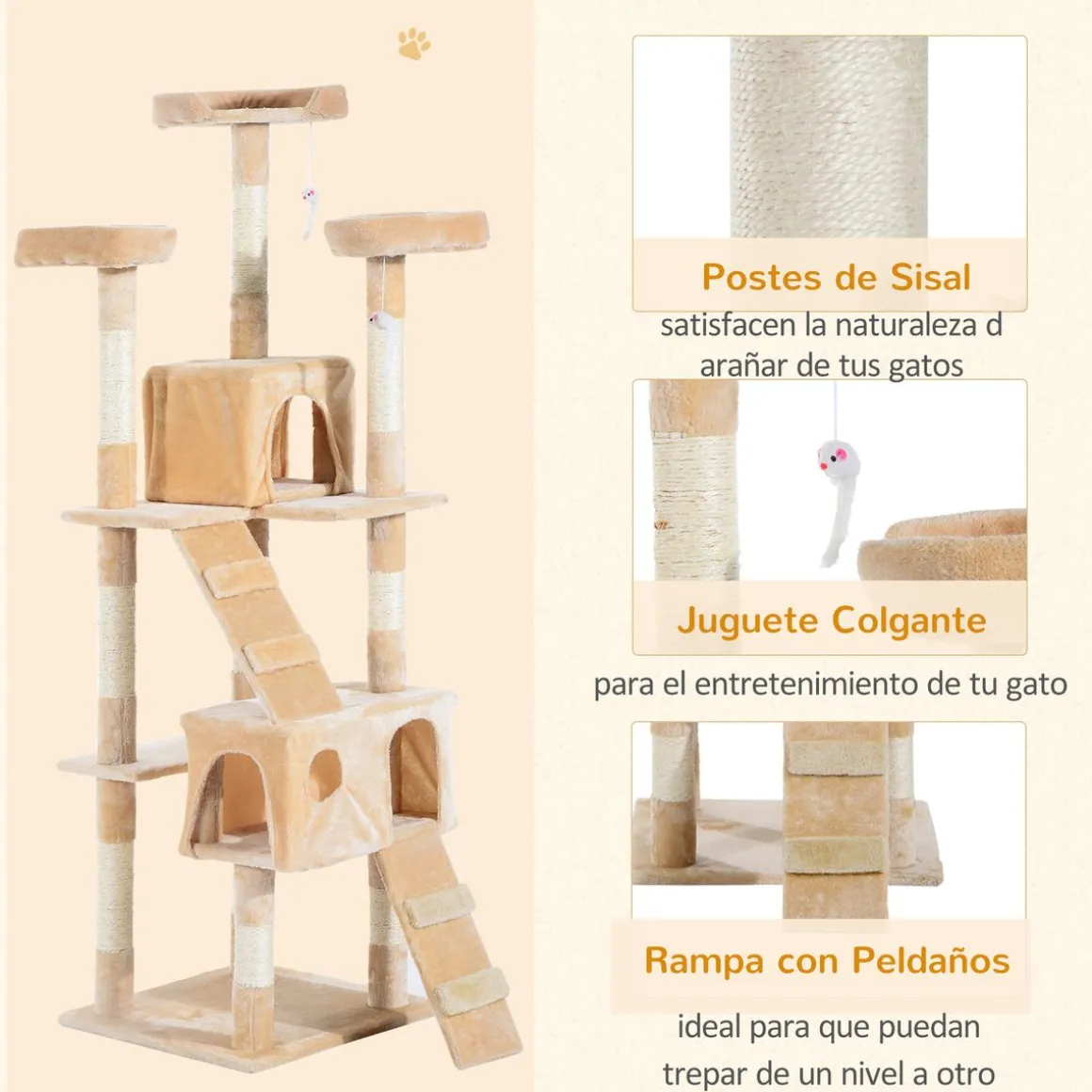 Árbol rascador Mieles PawHut para gatos grandes beige 173x49x49 cm
