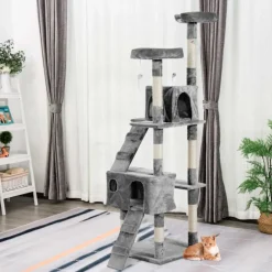 Árbol rascador para gatos PawHut 3 niveles gris 170x50x50 cm