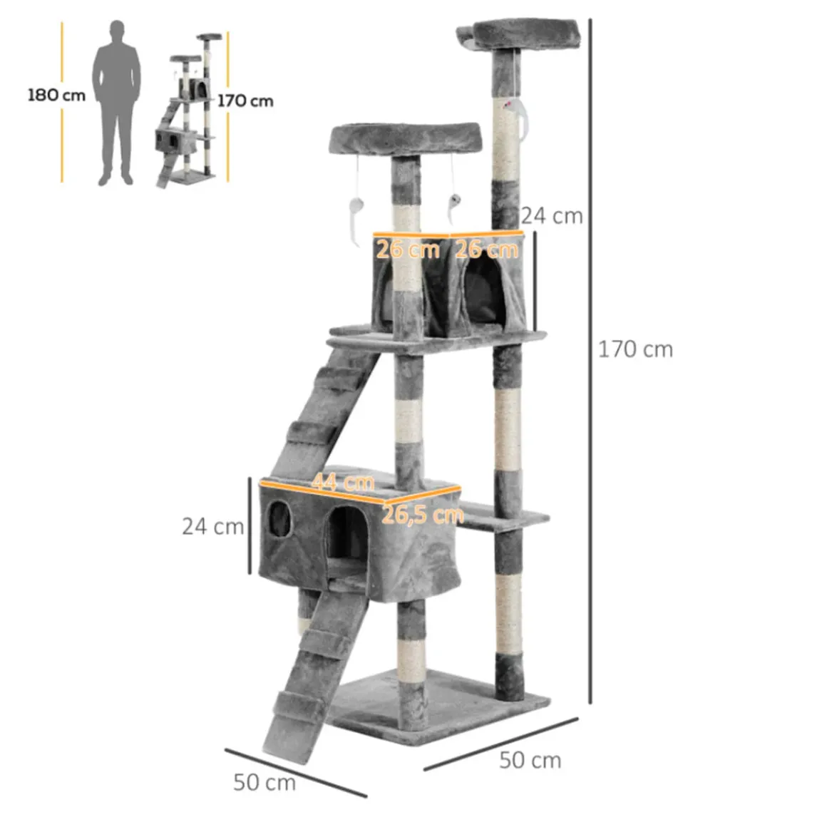 Árbol rascador para gatos PawHut 3 niveles gris 170x50x50 cm