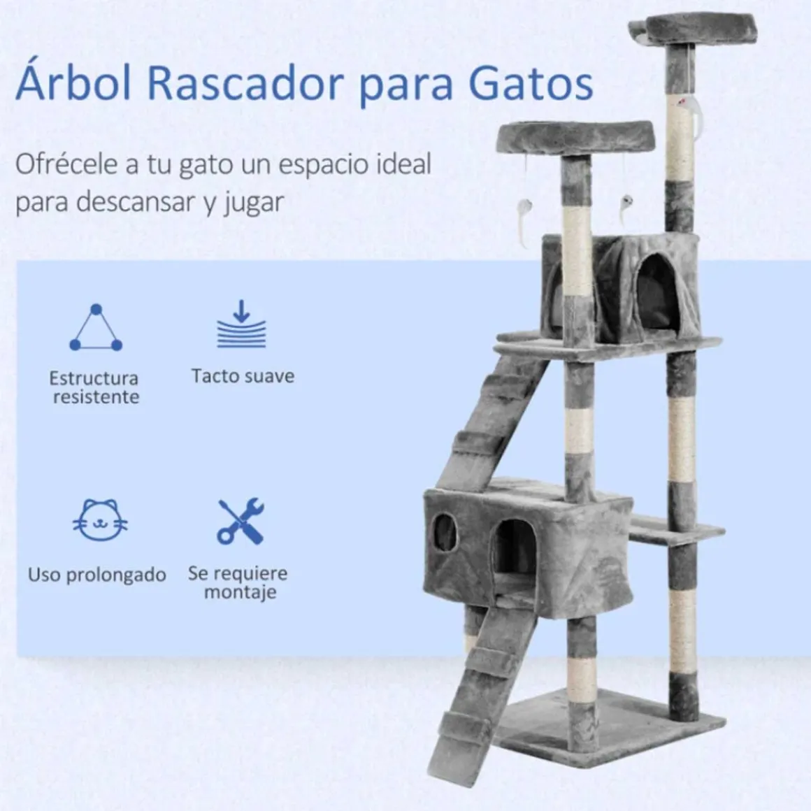 Árbol rascador para gatos PawHut 3 niveles gris 170x50x50 cm