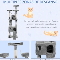 Árbol rascador para gatos PawHut 3 niveles gris 170x50x50 cm