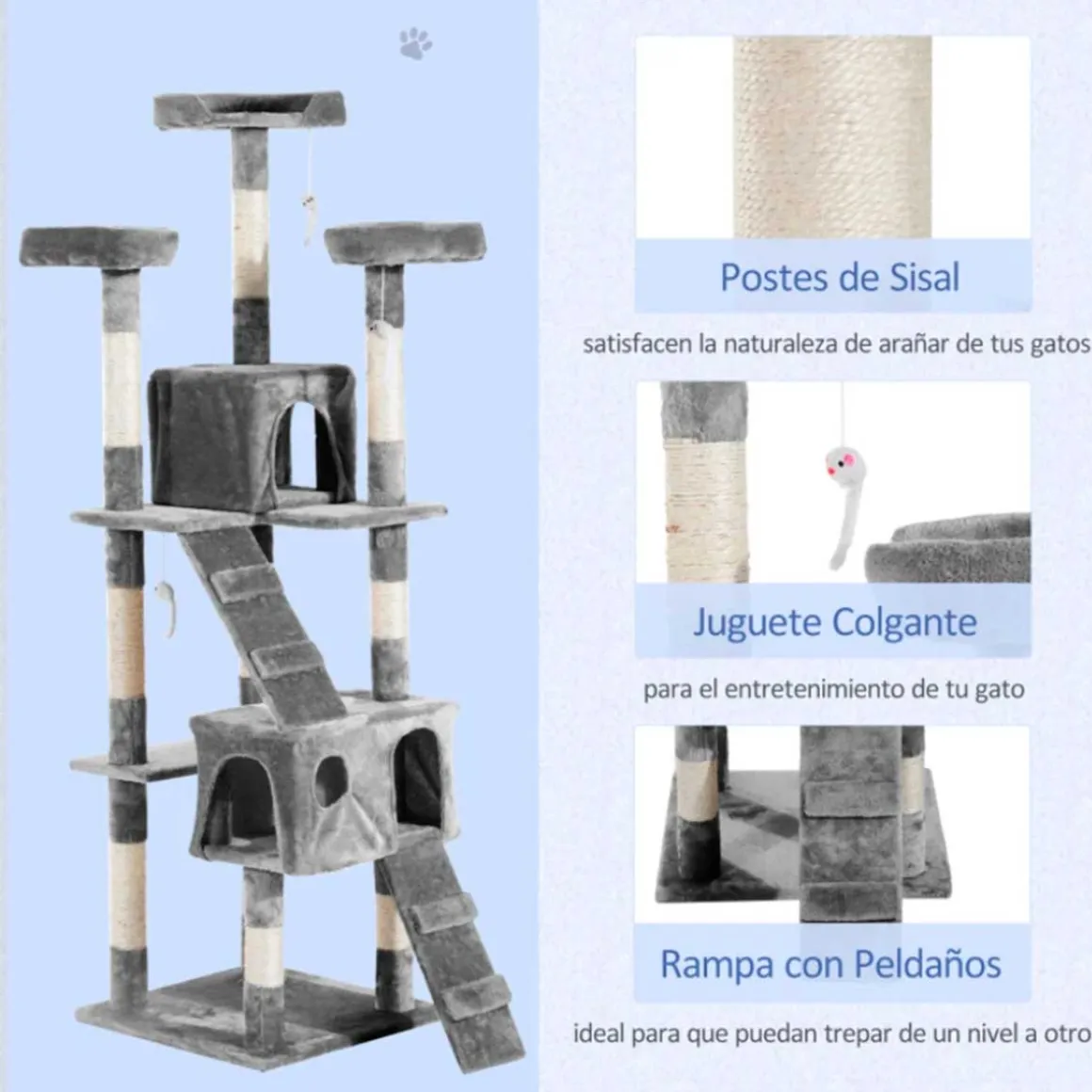 Árbol rascador para gatos PawHut 3 niveles gris 170x50x50 cm