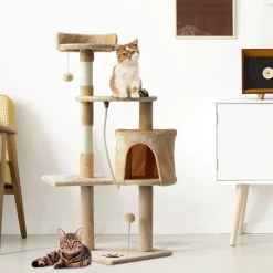 Árbol rascador para gatos PawHut con plataformas y caseta beige/blanco 114x40x40 cm
