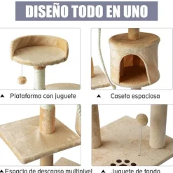 Árbol rascador para gatos PawHut con plataformas y caseta beige/blanco 114x40x40 cm